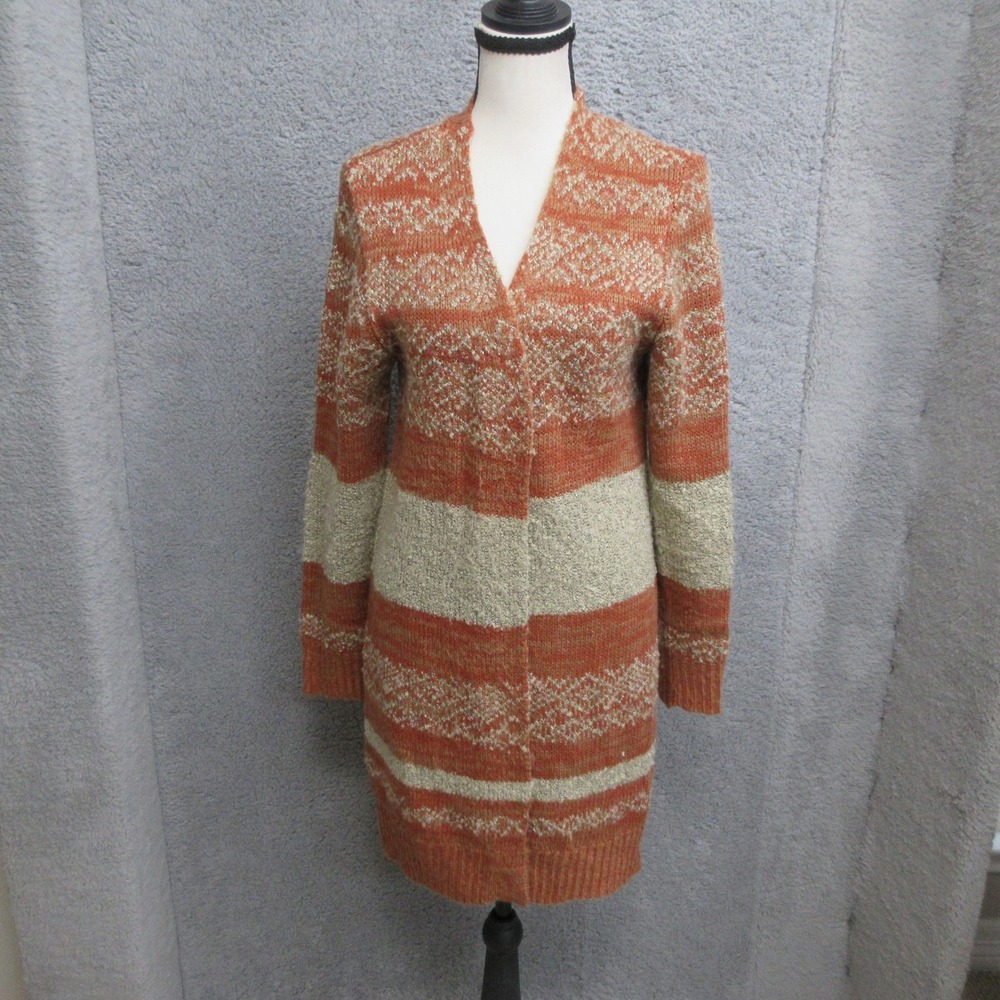 Alya Fair Isle Stripe Cardigan Sweater Womens S Orange Open Knit Longline Boho